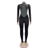 Solid color beaded mesh long-sleeved jumpsuit