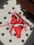 Women Solid Rose Drawstring Lace-Up swimwear Bikini Two Pieces