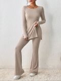 Women Solid Sexy Casual Chic Slit Top and Bell Bottom Pant Two Piece Set