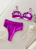 Sexy Strapless Women's High Waist Solid Color Two Pieces Bikini Swimsuit