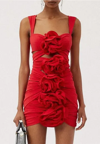 Women's Flower Decoration Hollow Solid Color Sexy One-Piece Swimsuit Skirt Set