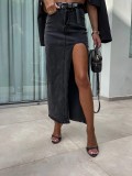 Street Retro Women's High Waist Irregular Slit Denim Skirt