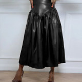 Plus Size Women's Pu Leather Patchwork Long Skirt With Pockets