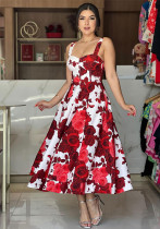 Strap Red Rose Printed Long Dress Chic Elegant Women's Dress