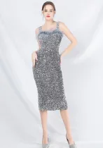 Strap Feather Sequin Midi Evening Dress