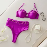 Sexy Strapless Women's High Waist Solid Color Two Pieces Bikini Swimsuit