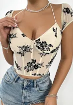 Herringbone See-Through Low-Cut Lace-Up Short Vest