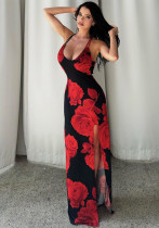 Summer Women's Sexy Slit Strap Long Fashionable Printed Dress