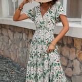 Summer V-Neck Short-Sleeved Print Cotton Dress Women's Fashion Chic Slim Waist Slim Fit Long Dress