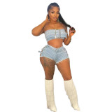 Fashionable Women's Clothing Sexy Strapless Beaded Stretch Two Piece Denim Shorts Set