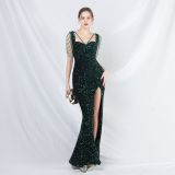 Celebrity Formal Occasion Velvet Beaded Long Evening Dress