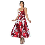 Strap Red Rose Printed Long Dress Chic Elegant Women's Dress
