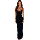 Women's Spring Summer Style Chic Lace Patchwork Strap Long Sexy Slim Dress