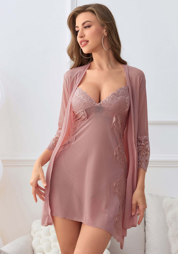 Spring Autumn And Summer Sexy Lingerie Sexy Strap Plus Size Lace Long Sleeve Nightgown Set