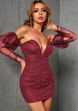Women Sequin V Neck Off Shoulder Sexy Backless Dress