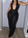 Women Casual Sexy Solid Backless See-Through Halter Neck Black Jumpsuit