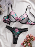 Women Flower Embroidery See-Through Mesh Contrast Color Sexy Lingerie Two-piece Set