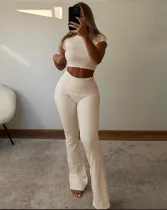 Spring Sexy Slim Crop Short Sleeve T-Shirt High Waist Tight Fitting Casual Pants Two Piece Set