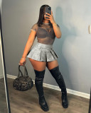 Women Sexy Solid Zipper PU-Leather Pleated Mini Skirt