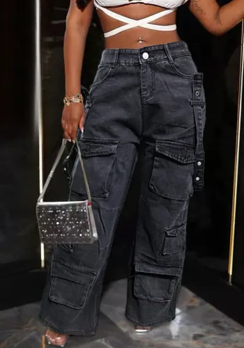 Women Washed Cargo Pocket Denim Straight Leg Pants