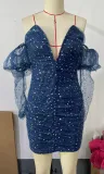 Women Sequin V Neck Off Shoulder Sexy Backless Dress