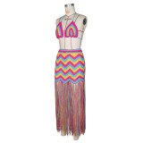 Women sexy crocheted wave pattern fringed beach cover-up dress two-piece set