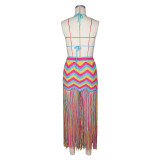 Women sexy crocheted wave pattern fringed beach cover-up dress two-piece set
