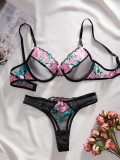 Women Flower Embroidery See-Through Mesh Contrast Color Sexy Lingerie Two-piece Set