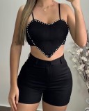 Sexy Beaded Lover Heart Strap Tank Top High Waist Shorts Two Piece Set