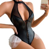 Women's Sexy Pu Leather mesh Patchwork Lace-Up Tight Fitting Bodysuit Lingerie