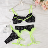 Print Contrast Color Lace Low Back Hollow Sexy Three-Piece Lingerie Set