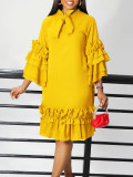 Women's Fashionable And Elegant Lace-Up Multi-Layered Ruffled Bell Bottom Sleeve Loose Dress