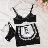 See-Through White Lace Contrasting Sexy Maid Cosplay Uniform Two Piece Set