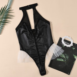 Women's Sexy Pu Leather mesh Patchwork Lace-Up Tight Fitting Bodysuit Lingerie