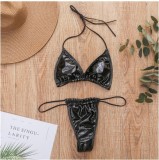 Bright Leather Solid Color Two-Piece Triangle Cup Sexy Thong Bikini Set