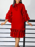 Women's Fashionable And Elegant Lace-Up Multi-Layered Ruffled Bell Bottom Sleeve Loose Dress