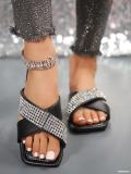 Summer Square Toe Open Toe Flat Slippers Plus Size Cross Strap Rhinestone Roman Sandals