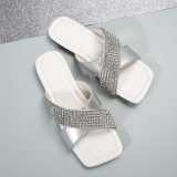Summer Square Toe Open Toe Flat Slippers Plus Size Cross Strap Rhinestone Roman Sandals