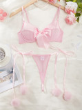 Fashionable And Cute Bow Lace-Up Fur Ball Sexy See-Through Mesh Sexy Two-Piece Lingerie Set