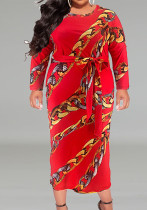 Plus Size Women's Printed Long Sleeve Round Neck Belt Dress