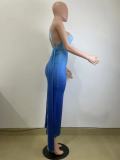 Women's Summer Sleeveless Slash Shoulder Gradient Color Sexy Slim Bodycon Long Dress