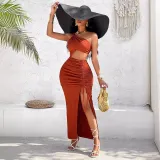 Casual Women's Solid Color Summer Gathered Hollow Slit Dress