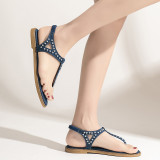 Plus Size Bohemian Summer Studded Flat Flip-Toe Sandals Fashion Casual Beach Shoes