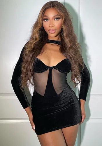 Women's Winter Sexy Hollow See-Through Slim Long Sleeve Bodycon Dress