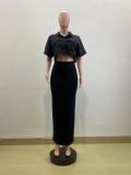 Spring Fashion Casual Black Short Sleeve Crop  Shirt Slim Fit Skirt Two Piece Set
