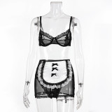 See-Through White Lace Contrasting Sexy Maid Cosplay Uniform Two Piece Set