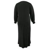 Plus Size Women's Long Sleeve V-Neck Loose Slit Dress