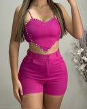 Sexy Beaded Lover Heart Strap Tank Top High Waist Shorts Two Piece Set