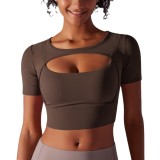 Solid Color Mesh Patchwork Sexy Short-Sleeved Strap Bra Top Running Fitness Yoga Wear