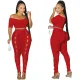 Women Summer Sexy Off Shoulder Short Sleeve Top and Button Pants Two-Piece Set